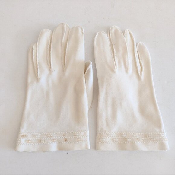 Vintage White Fashion Gloves Beaded Trim Womens One Size - Picture 2 of 7